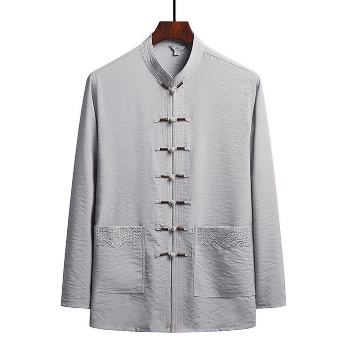 Buddha Stones 2Pcs Plain Tang Suit Men's Frog-Button Long Sleeve Shirt Pants Set - LightGrey - Shirt - US/UK/AU42，EU52 (4XL) - image 11