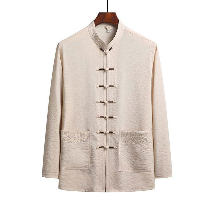 Buddha Stones 2Pcs Plain Tang Suit Men's Frog-Button Long Sleeve Shirt Pants Set - Bisque - Shirt - US/UK/AU42，EU52 (4XL) - image 17