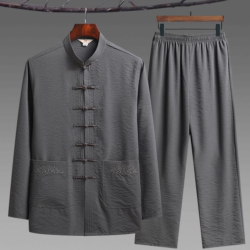 Buddha Stones 2Pcs Plain Tang Suit Men's Frog-Button Long Sleeve Shirt Pants Set