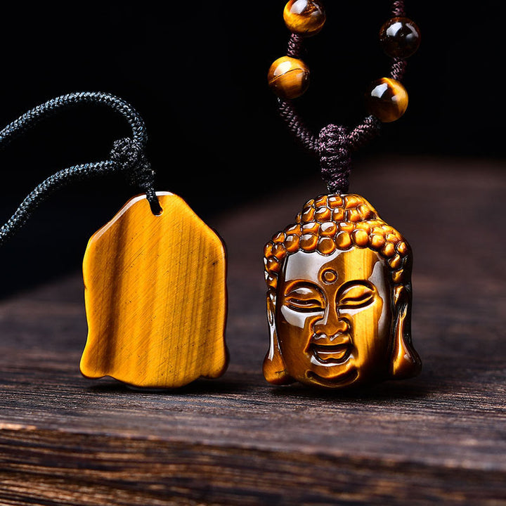 Buddha Stones Tiger Eye String Buddha Head Courage Necklace Pendant - image 19