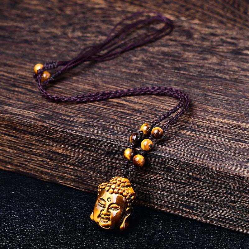 Buddha Stones Tiger Eye String Buddha Head Courage Necklace Pendant