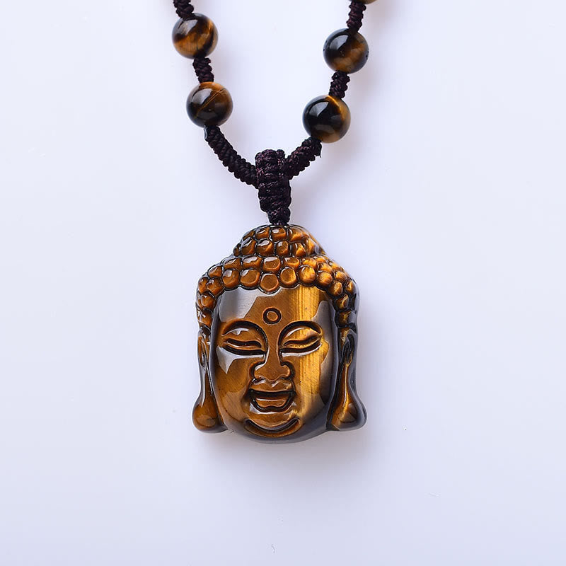 Buddha Stones Tiger Eye String Buddha Head Courage Necklace Pendant