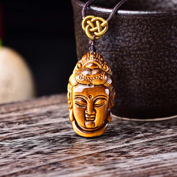 Buddha Stones Tiger Eye Kwan Yin Avalokitesvara Head String Strength Necklace Pendant