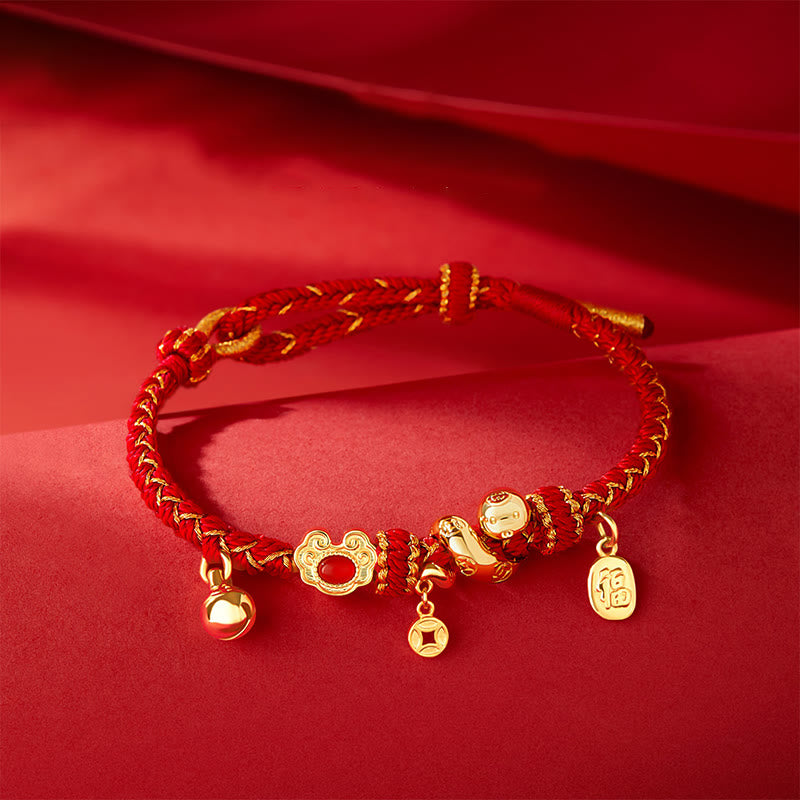 Buddha Stones Red String Red Agate Fu Character Year Of The Snake Protection Braided Bracelet