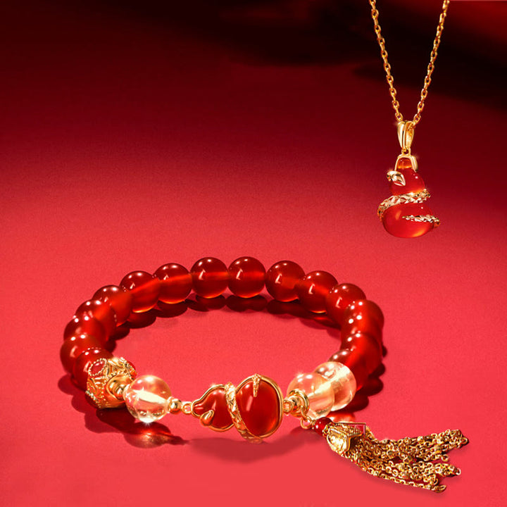 Buddha Stones Red Agate Year Of The Snake Gourd Luck Bracelet Necklace Pendant