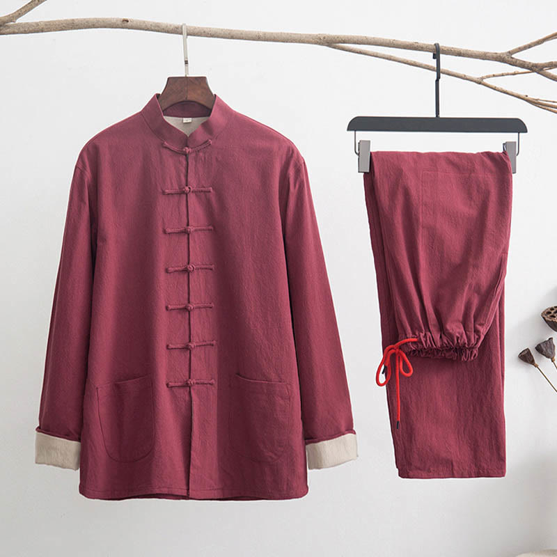 Buddha Stones 2Pcs Zen Tang Suit Men's Linen Frog-Button Long Sleeve Shirt Pants Set - FireBrick - US/UK/AU44，EU54 (4XL) - image 18