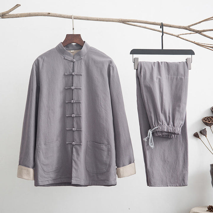 Buddha Stones 2Pcs Zen Tang Suit Men's Linen Frog-Button Long Sleeve Shirt Pants Set - Gray - US/UK/AU44，EU54 (4XL) - image 0