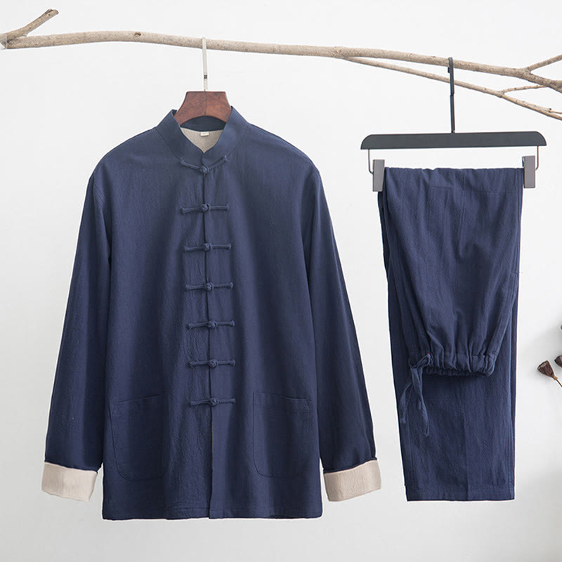 Buddha Stones 2Pcs Zen Tang Suit Men's Linen Frog-Button Long Sleeve Shirt Pants Set - SteelBlue - US/UK/AU44，EU54 (4XL) - image 23