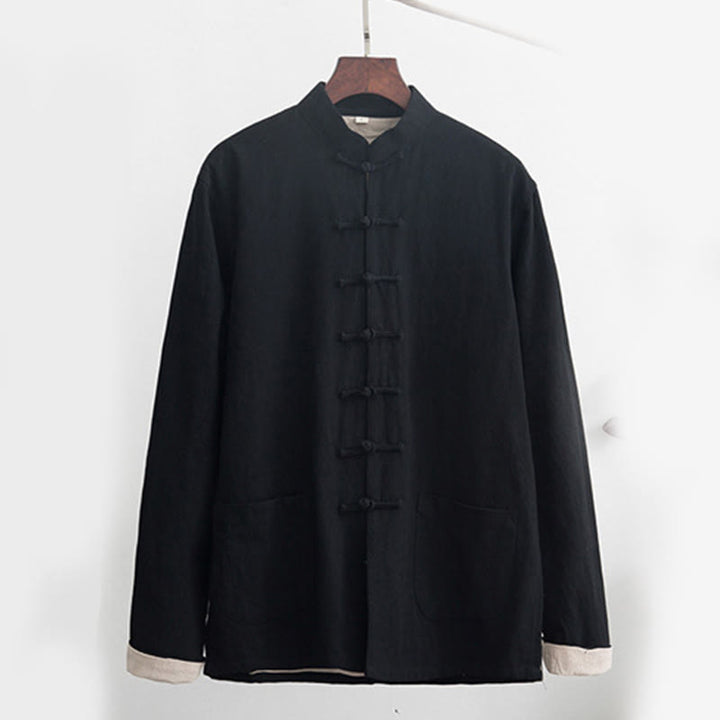 Buddha Stones 2Pcs Zen Tang Suit Men's Linen Frog-Button Long Sleeve Shirt Pants Set - image 3