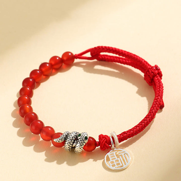 Buddha Stones Fu Character Red Agate Black Onyx Year Of The Snake Red String Luck Bracelet