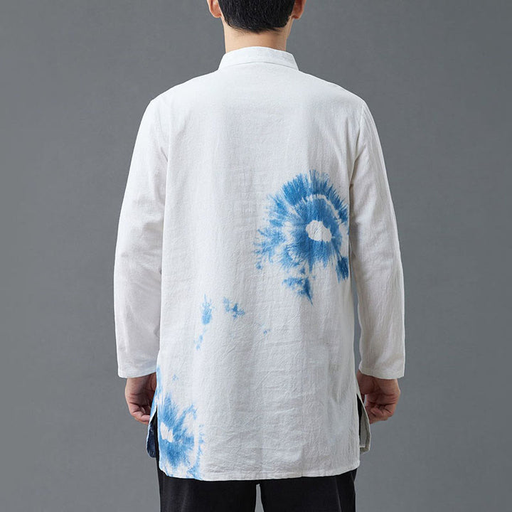 Buddha Stones Men's Frog-Button Chinese Tang Suit Tie Dye Gradient Flowers Shirt Cotton Linen Clothing