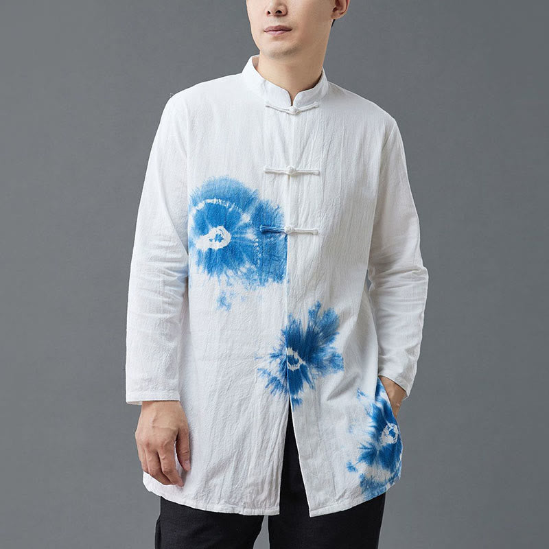 Buddha Stones Men's Frog-Button Chinese Tang Suit Tie Dye Gradient Flowers Shirt Cotton Linen Clothing