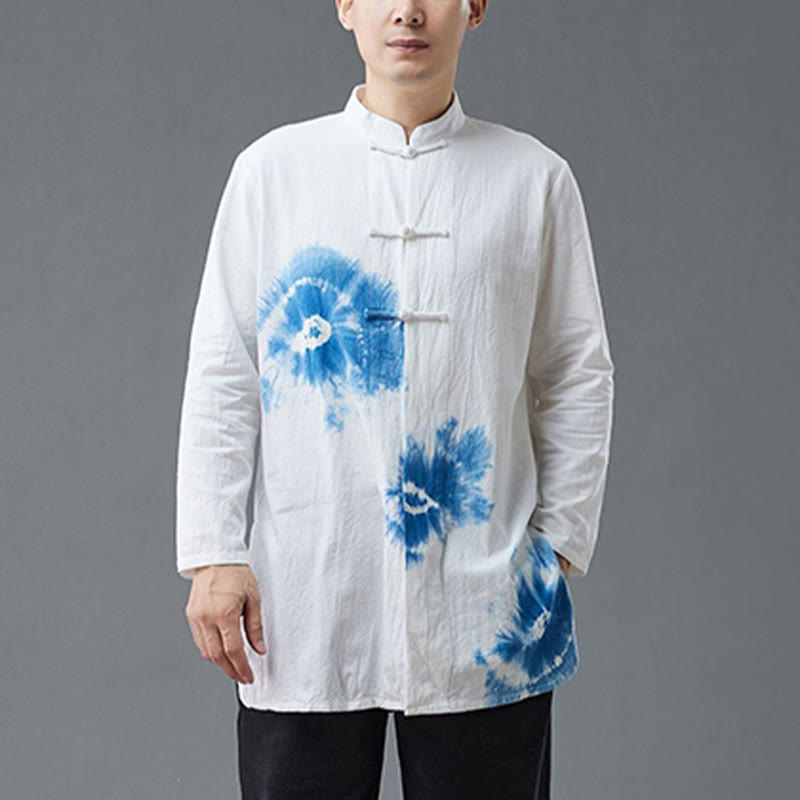 Buddha Stones Men's Frog-Button Chinese Tang Suit Tie Dye Gradient Flowers Shirt Cotton Linen Clothing