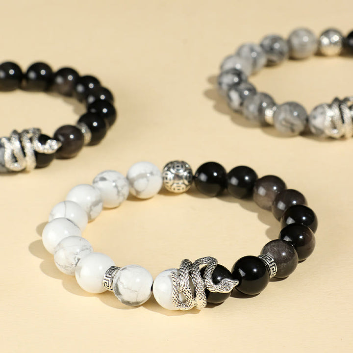 Buddha Stones Natural Silver Sheen Obsidian White Turquoise Grey Jasper Snowflake Obsidian Year Of The Snake Protection Bracelet