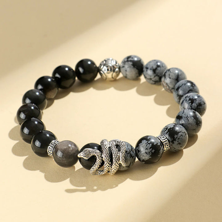 Buddha Stones Natural Silver Sheen Obsidian White Turquoise Grey Jasper Snowflake Obsidian Year Of The Snake Protection Bracelet