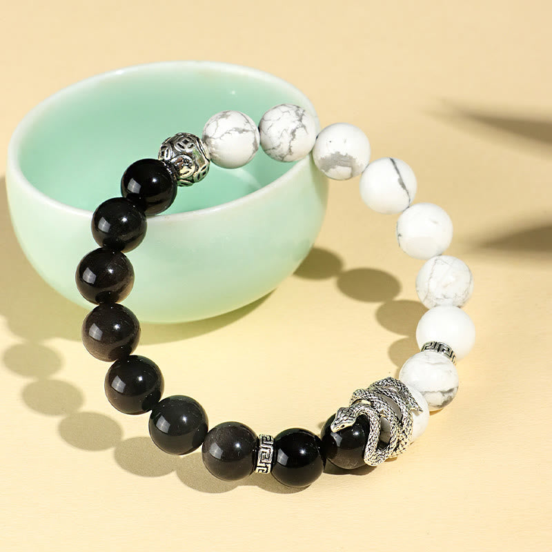 Buddha Stones Natural Silver Sheen Obsidian White Turquoise Grey Jasper Snowflake Obsidian Year Of The Snake Protection Bracelet - image 2