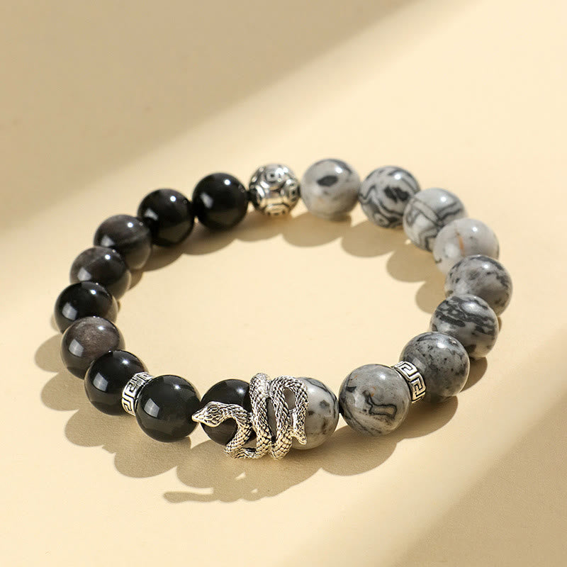 Buddha Stones Natural Silver Sheen Obsidian White Turquoise Grey Jasper Snowflake Obsidian Year Of The Snake Protection Bracelet