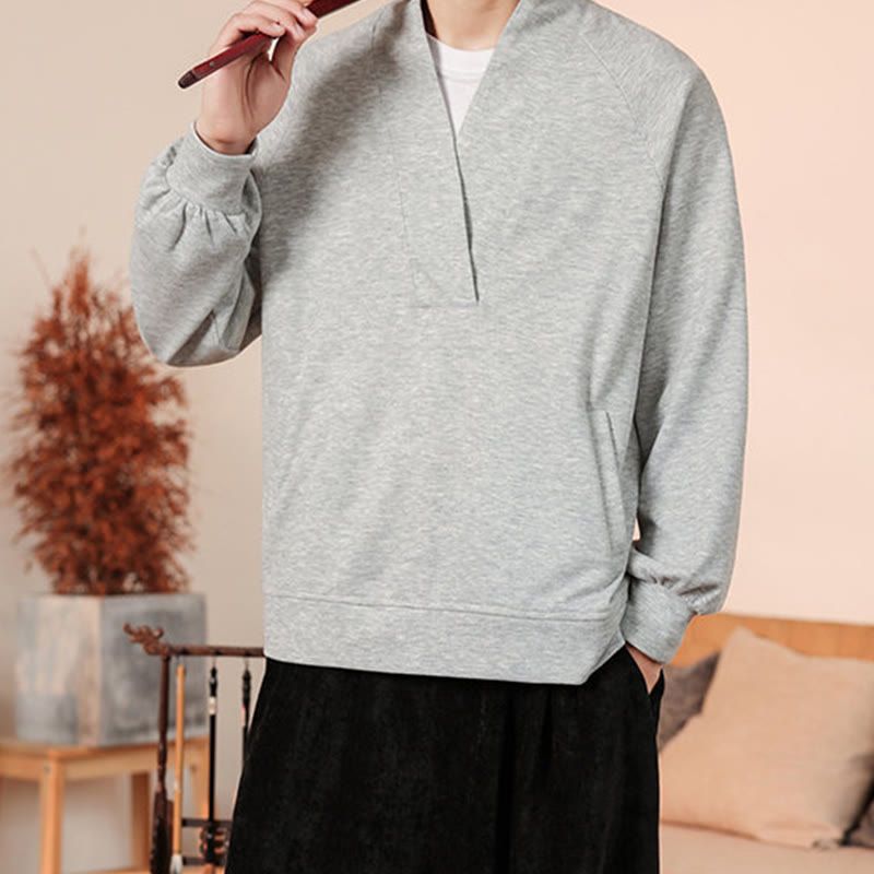 Buddha Stones Fall Simple V-Neck Men's Sweatshirt Cotton Pullover With Pockets