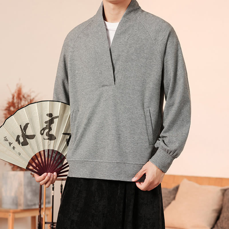 Buddha Stones Fall Simple V-Neck Men's Sweatshirt Cotton Pullover With Pockets