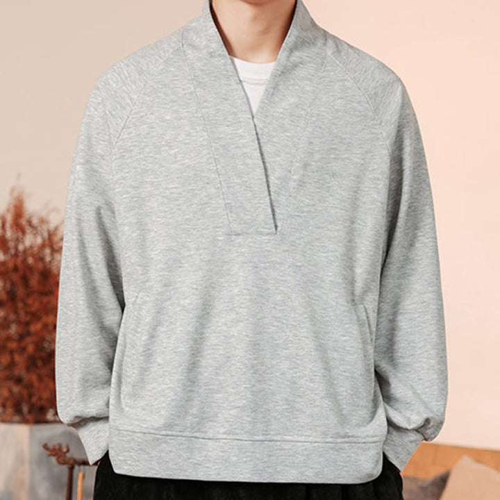 Buddha Stones Fall Simple V-Neck Men's Sweatshirt Cotton Pullover With Pockets