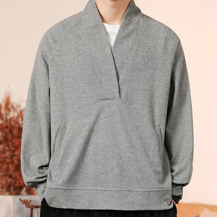 Buddha Stones Fall Simple V-Neck Men's Sweatshirt Cotton Pullover With Pockets