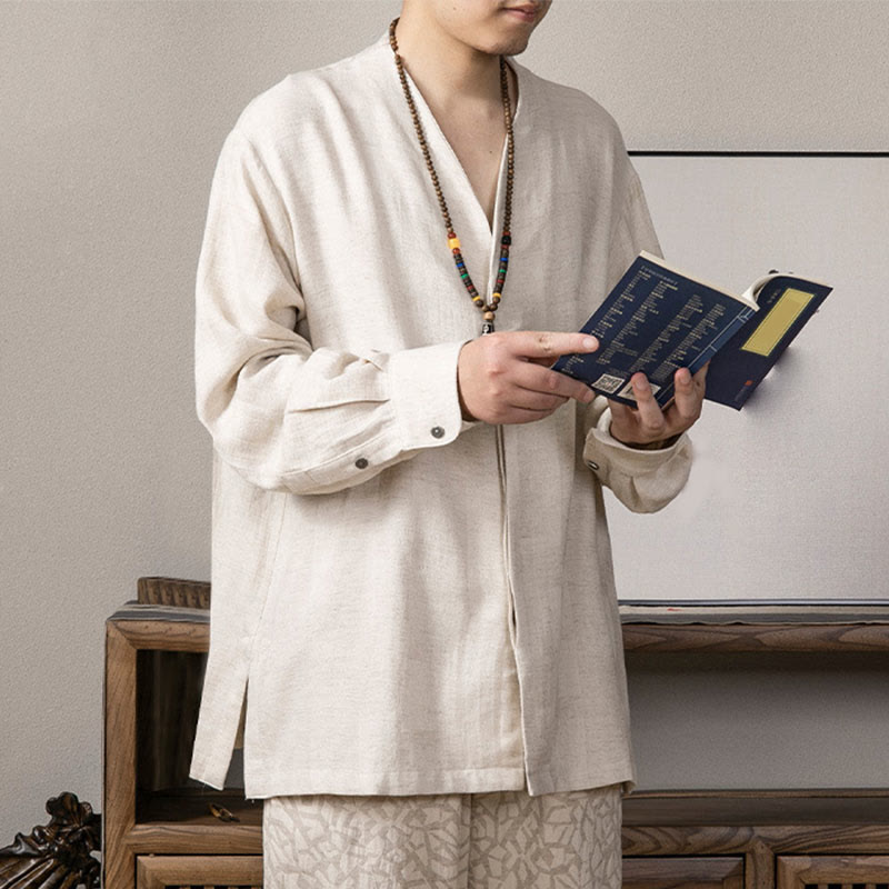 Buddha Stones V-Neck Men's Linen Long Sleeve Shirt Zen Clothing - image 11