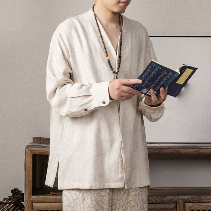 Buddha Stones V-Neck Men's Linen Long Sleeve Shirt Zen Clothing - image 11