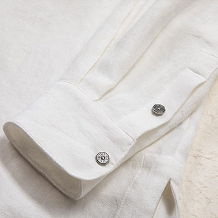 Buddha Stones V-Neck Men's Linen Long Sleeve Shirt Zen Clothing - image 8