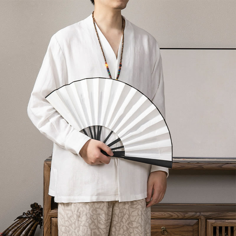 Buddha Stones V-Neck Men's Linen Long Sleeve Shirt Zen Clothing - image 1