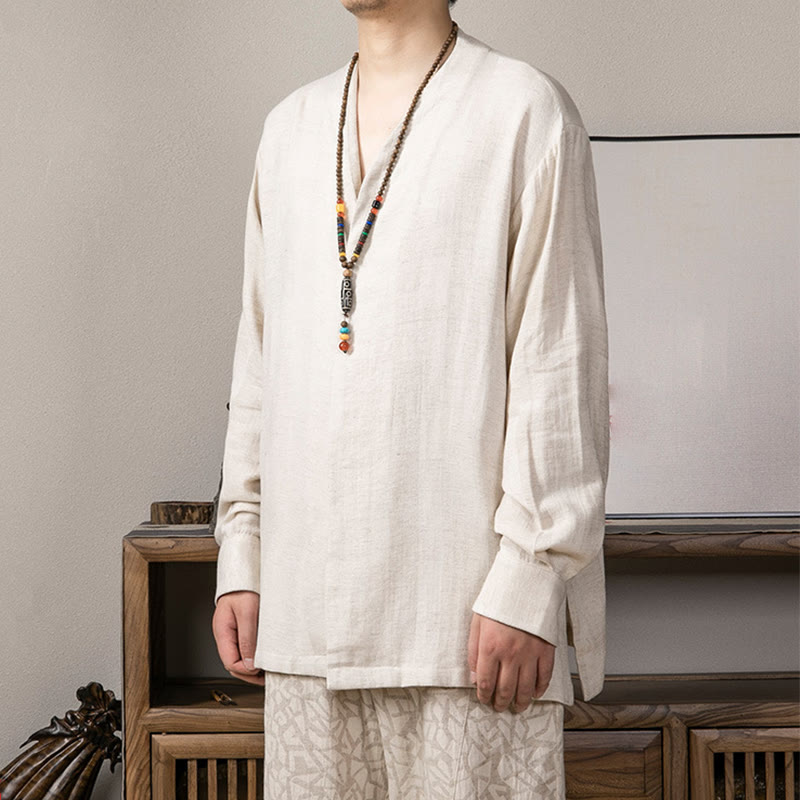 Buddha Stones V-Neck Men's Linen Long Sleeve Shirt Zen Clothing - image 12