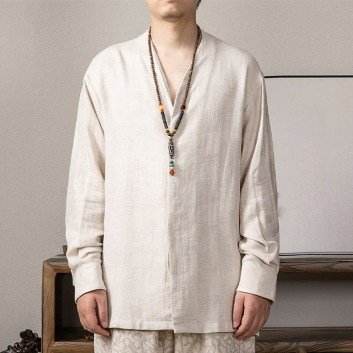 Buddha Stones V-Neck Men's Linen Long Sleeve Shirt Zen Clothing