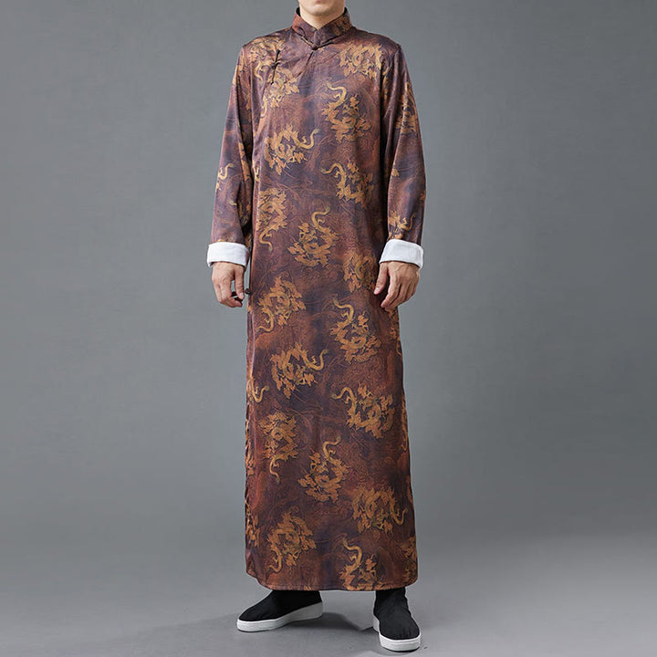 Buddha Stones Vintage Chinese Frog-Button Tang Suit Men's Dragon Cotton Robe