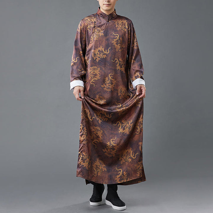 Buddha Stones Vintage Chinese Frog-Button Tang Suit Men's Dragon Cotton Robe