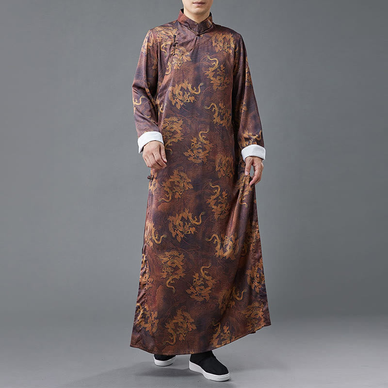 Buddha Stones Vintage Chinese Frog-Button Tang Suit Men's Dragon Cotton Robe