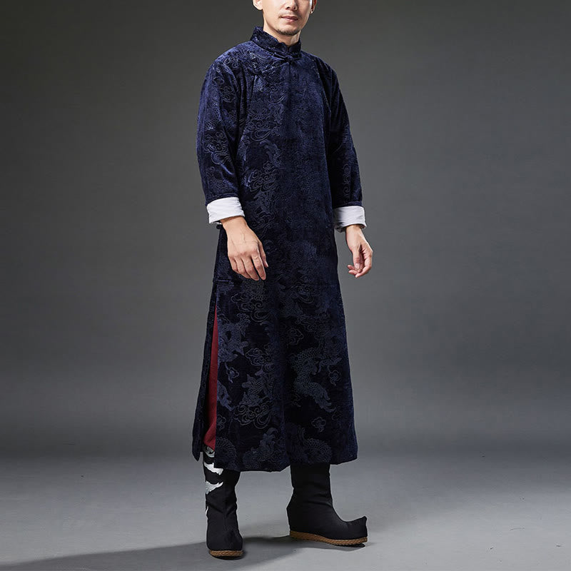 Buddha Stones Vintage Fall Winter Chinese Frog-Button Tang Suit Men's Dragon Jacquard Robe With Pockets - image 2