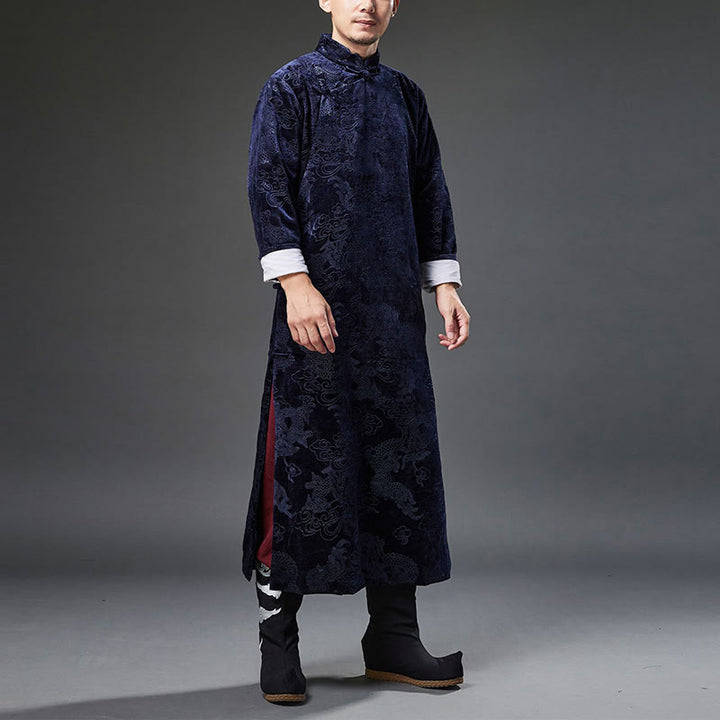 Buddha Stones Vintage Fall Winter Chinese Frog-Button Tang Suit Men's Dragon Jacquard Robe With Pockets - image 2
