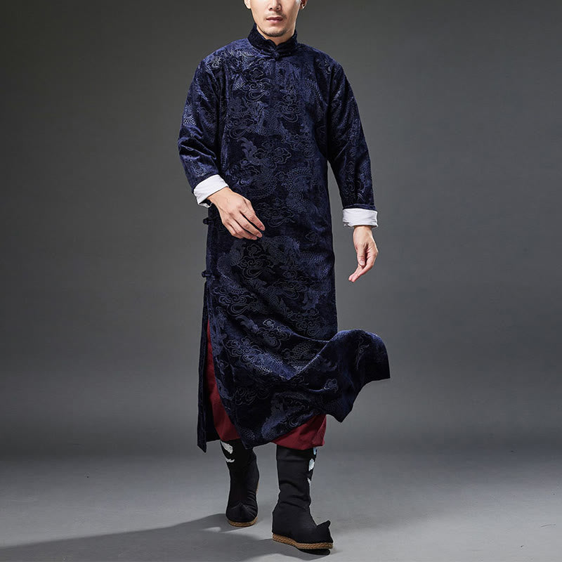 Buddha Stones Vintage Fall Winter Chinese Frog-Button Tang Suit Men's Dragon Jacquard Robe With Pockets - image 3