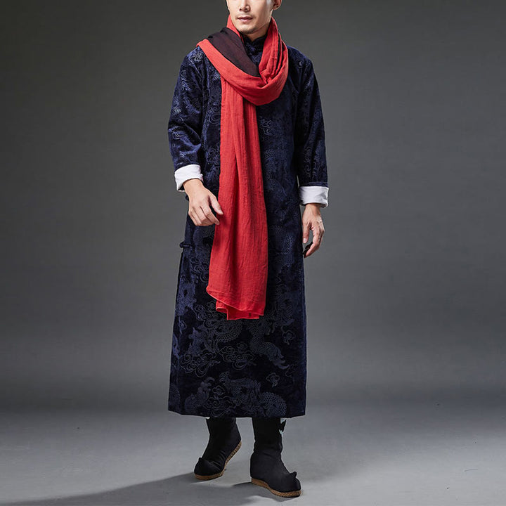 Buddha Stones Vintage Fall Winter Chinese Frog-Button Tang Suit Men's Dragon Jacquard Robe With Pockets - image 7