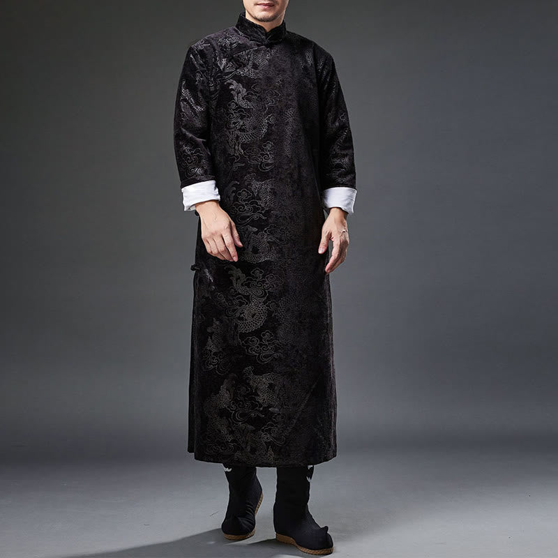 Buddha Stones Vintage Fall Winter Chinese Frog-Button Tang Suit Men's Dragon Jacquard Robe With Pockets - Black - US/UK/AU38，EU48 (XL) - image 14