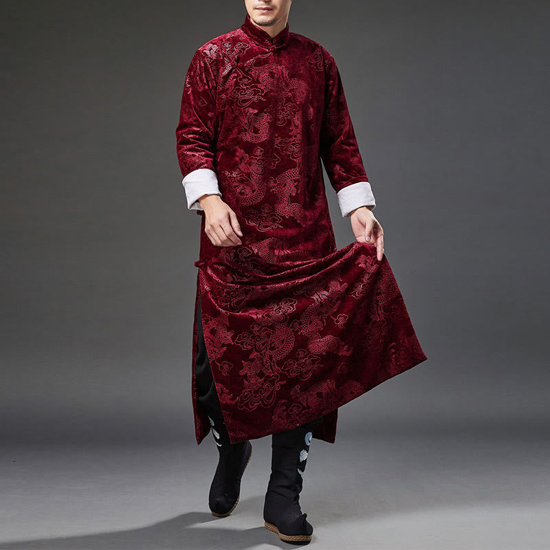 Buddha Stones Vintage Fall Winter Chinese Frog-Button Tang Suit Men's Dragon Jacquard Robe With Pockets