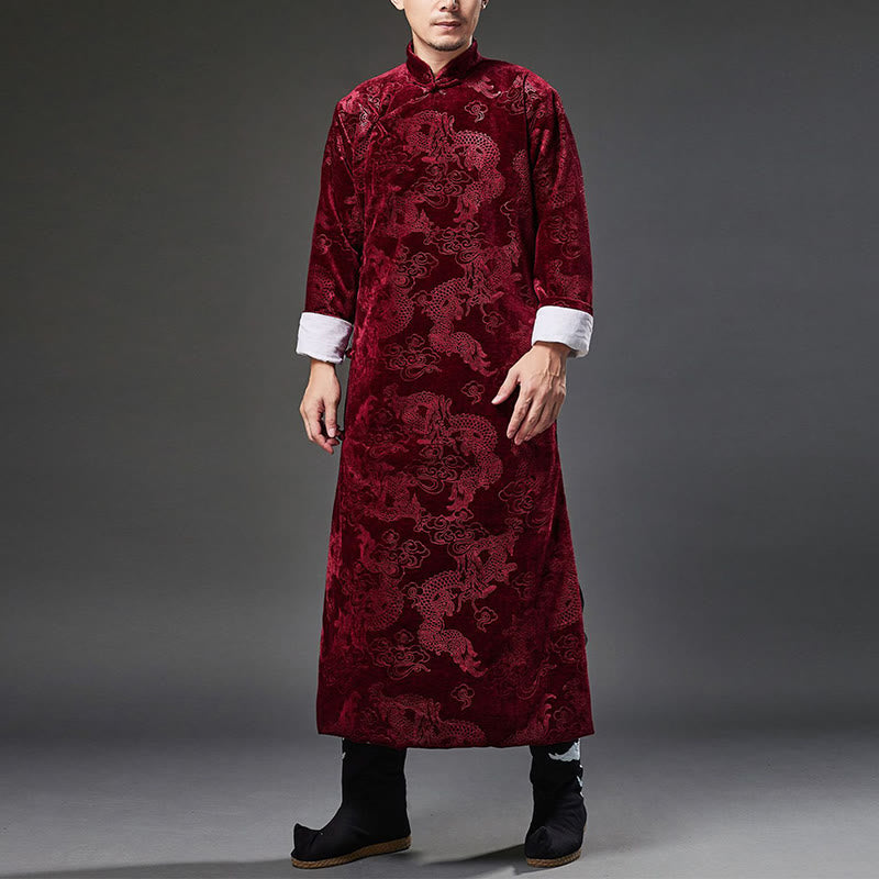 Buddha Stones Vintage Fall Winter Chinese Frog-Button Tang Suit Men's Dragon Jacquard Robe With Pockets