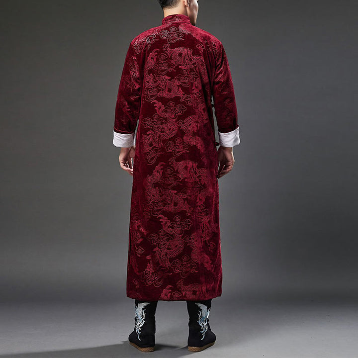 Buddha Stones Vintage Fall Winter Chinese Frog-Button Tang Suit Men's Dragon Jacquard Robe With Pockets - image 21