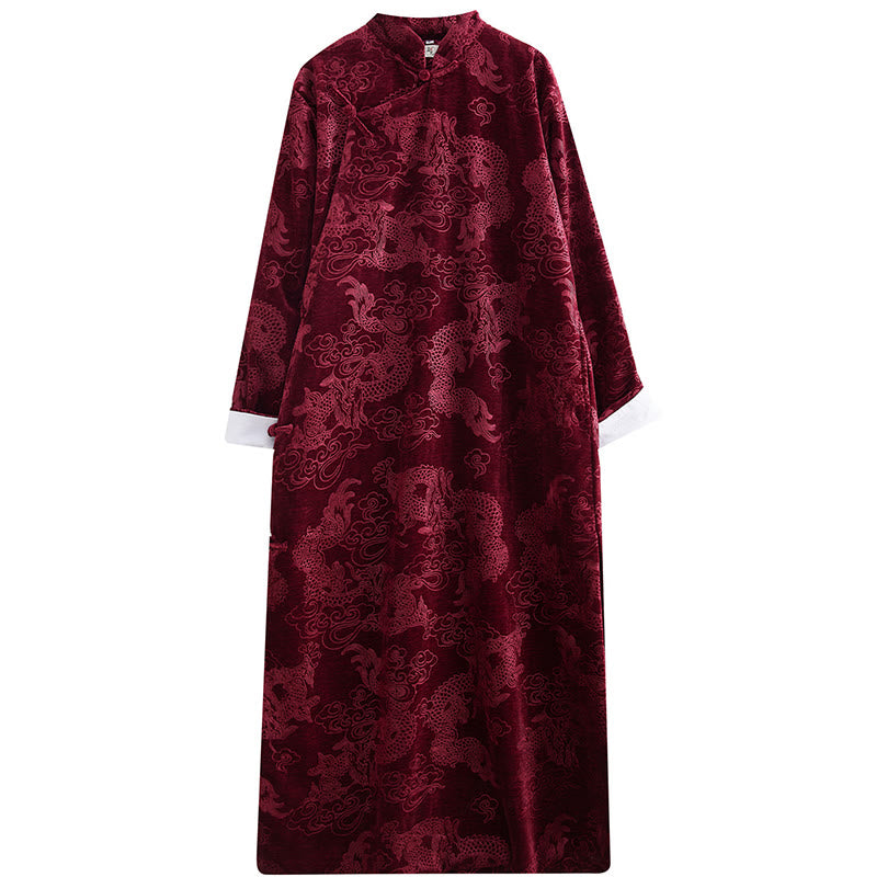 Buddha Stones Vintage Fall Winter Chinese Frog-Button Tang Suit Men's Dragon Jacquard Robe With Pockets - image 25