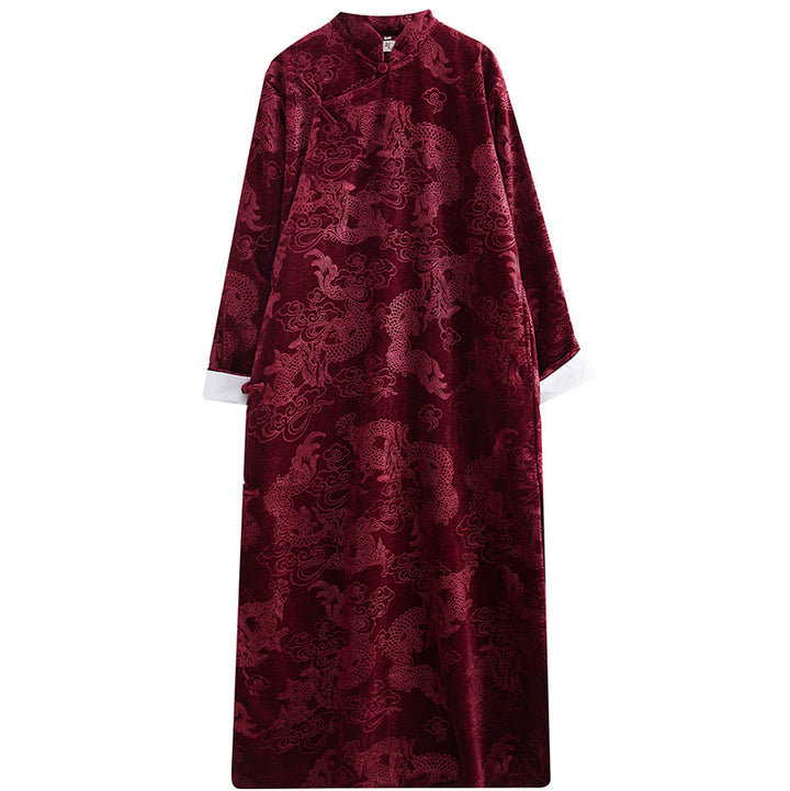 Buddha Stones Vintage Fall Winter Chinese Frog-Button Tang Suit Men's Dragon Jacquard Robe With Pockets - image 25