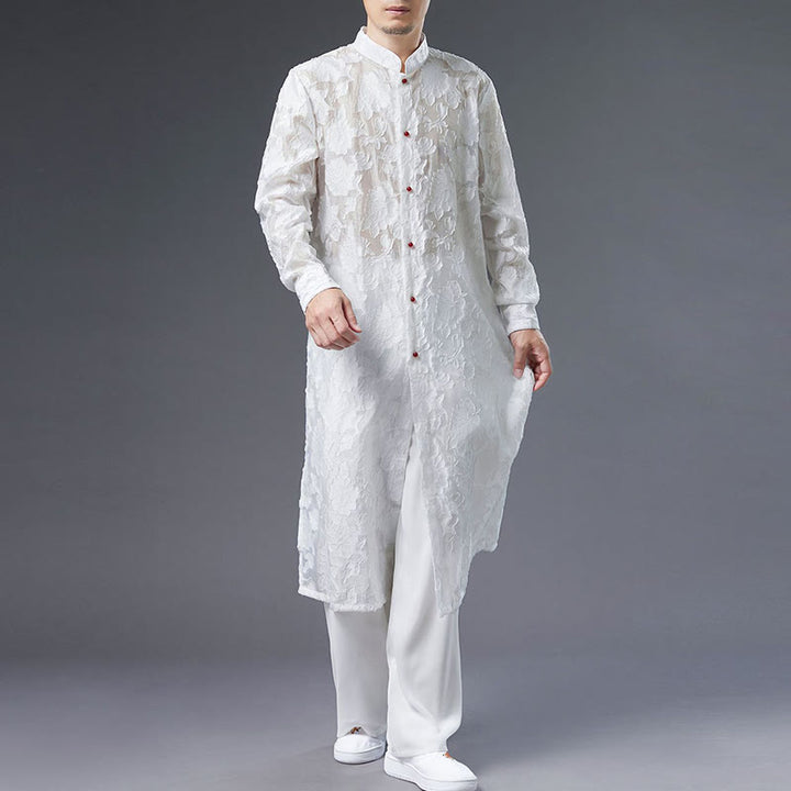 Buddha Stones Fall Peony Flowers Button Down Cotton Coat Men's Tang Suit Robe