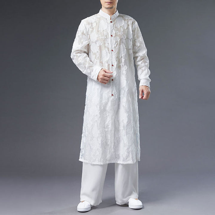 Buddha Stones Fall Peony Flowers Button Down Cotton Coat Men's Tang Suit Robe