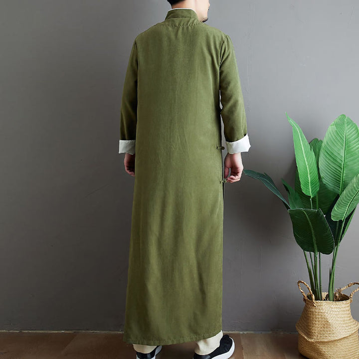 Buddha Stones Fall Solid Color Chinese Frog-Button Cotton Men's Tang Suit Robe - image 4