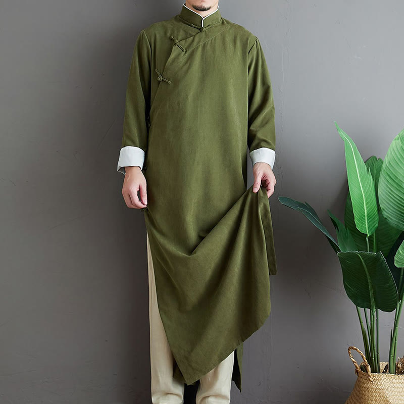 Buddha Stones Fall Solid Color Chinese Frog-Button Men's Tang Suit Robe - image 5