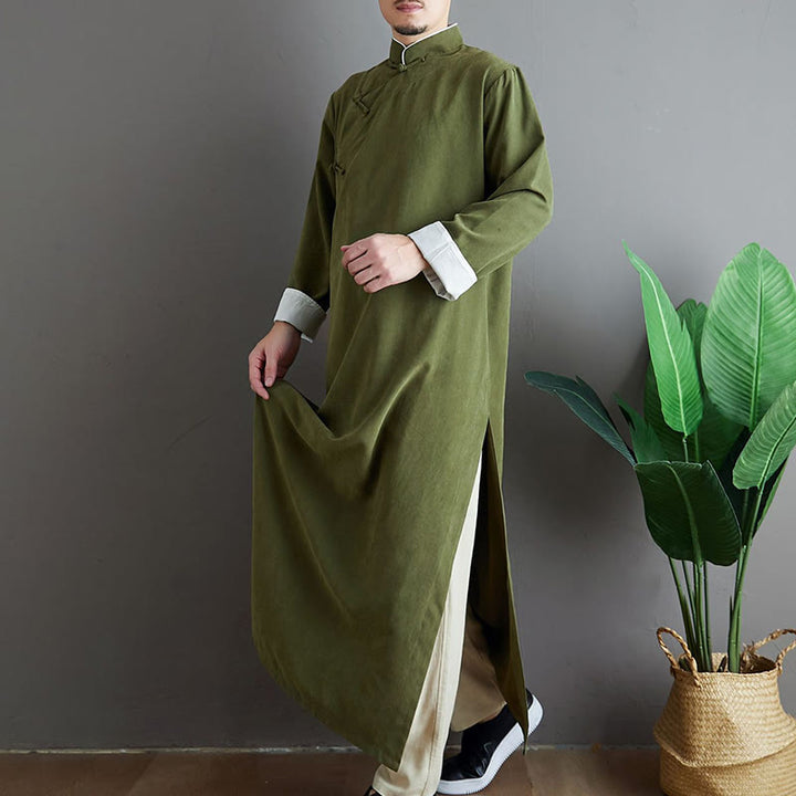Buddha Stones Fall Solid Color Chinese Frog-Button Cotton Men's Tang Suit Robe - image 3