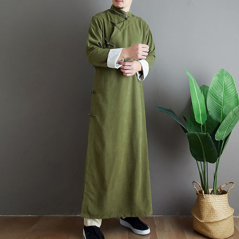 Buddha Stones Fall Solid Color Chinese Frog-Button Cotton Men's Tang Suit Robe